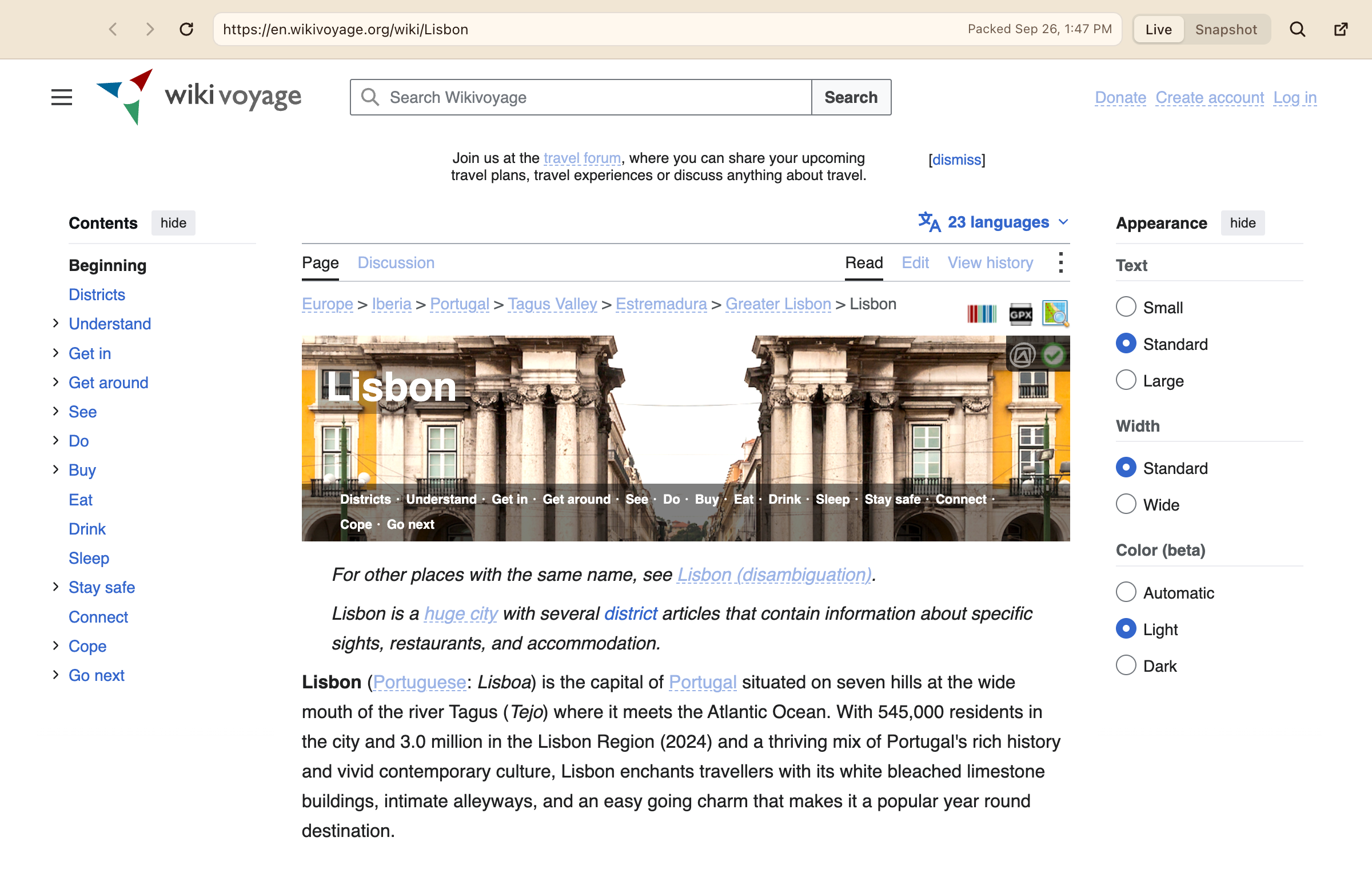 A packed travel guide to Lisbon open in Seatpocket, with its photos and layout just as they are online.